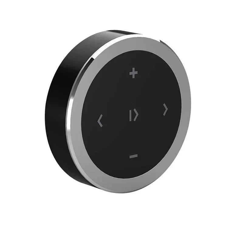 Black and silver circular wireless bluetooth media remote control with tactile buttons for phone bluetooth music playback