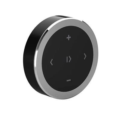 Black and silver circular wireless bluetooth media remote control with tactile buttons for phone bluetooth music playback
