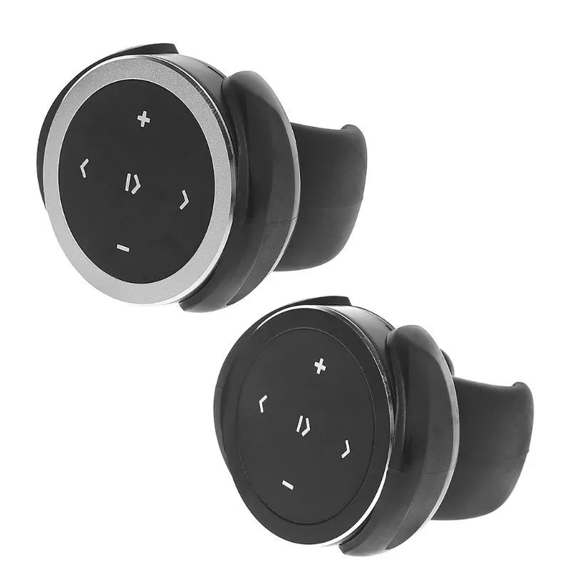 Black circular wireless bluetooth media buttons with silver rims and white symbols for phone bluetooth music control