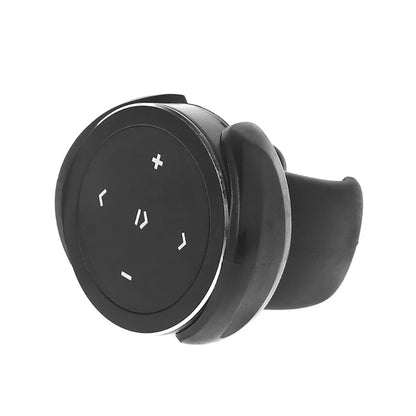 Black circular car steering wheel control device with silver trim and white symbols for phone bluetooth music playback remote