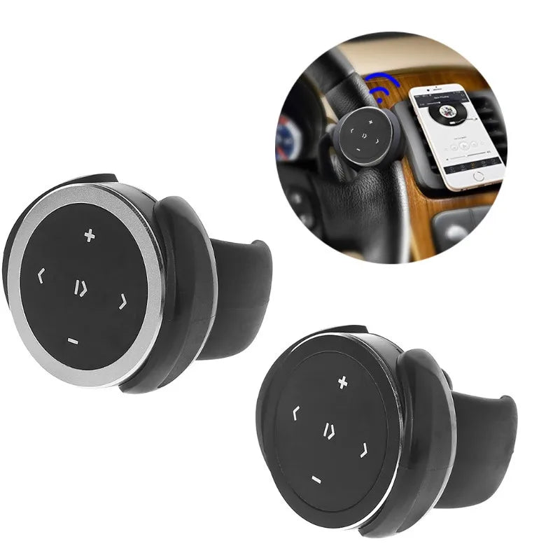Black circular car steering wheel control adapter with silver trim and white buttons for phone bluetooth music playback remote
