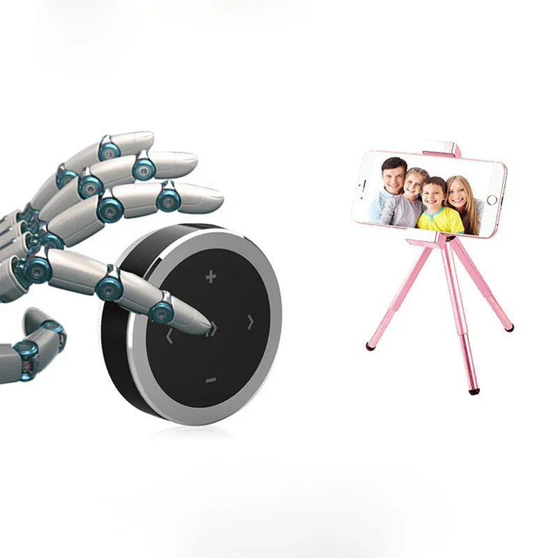 Pink tripod phone stand holding smartphone with family photo showcasing wireless bluetooth media music playback remote