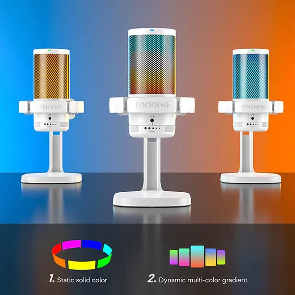 Three maono model dm20 professional ampligame mic usb recording studio microphones with colored perforated bodies on white stands