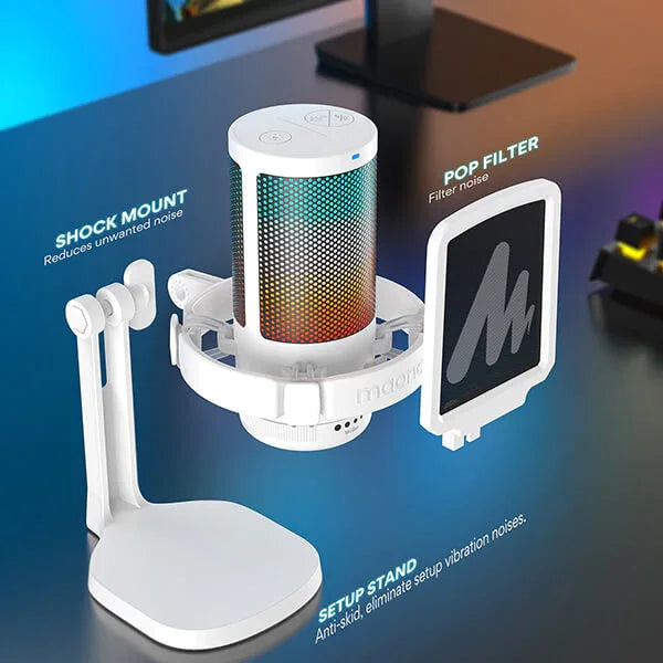 White condenser model dm20 professional ampligame mic with colorful mesh grille on shock mount for usb recording studio use