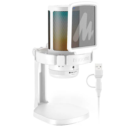 White mocoro usb recording studio microphone model dm20 professional with colorful gradient mesh grille and pop filter for streaming