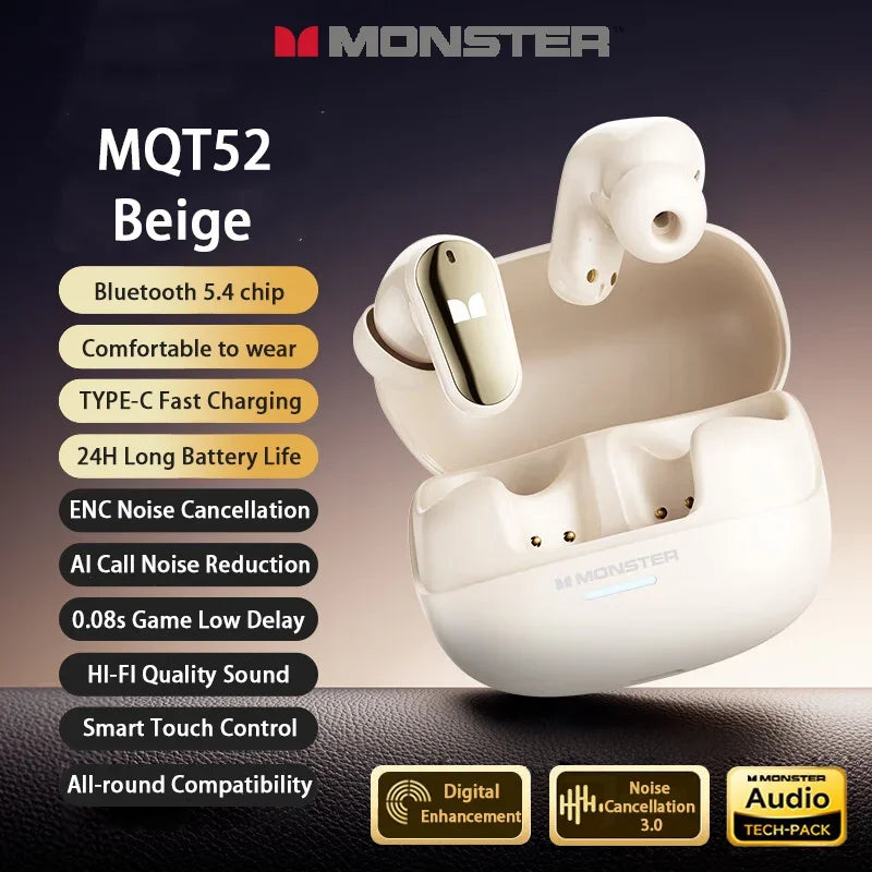 Beige monster mqt52 wireless earbuds in matte finish with metallic accents in a matching case for talking noise canceling and music gaming earphones