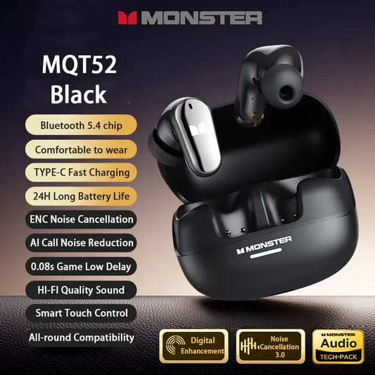 Black monster mqt52 wireless earbuds with sleek glossy finish and silver accents headset hifi stereo music gaming earphones talking noise canceling