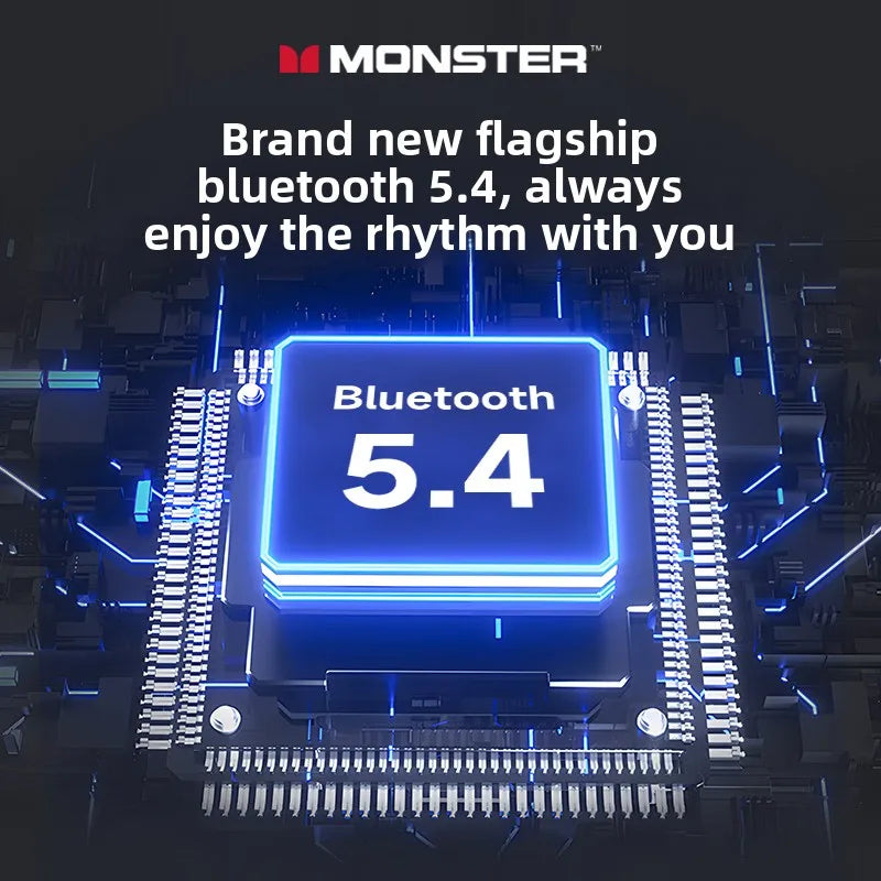 A glowing blue rectangular bluetooth 5.4 chip with silver pins by monster for headset hifi stereo music gaming earphones talking noise canceling
