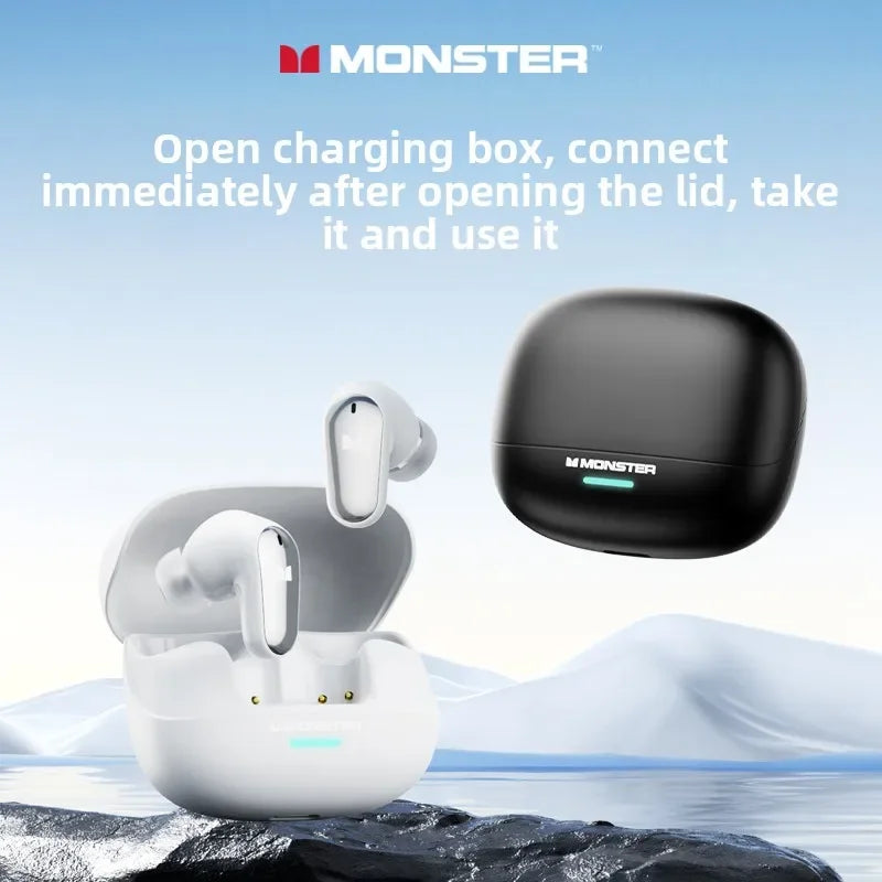 White and black monster mqt52 tws wireless earbuds in matte charging case headset hifi stereo music gaming earphones talking noise canceling