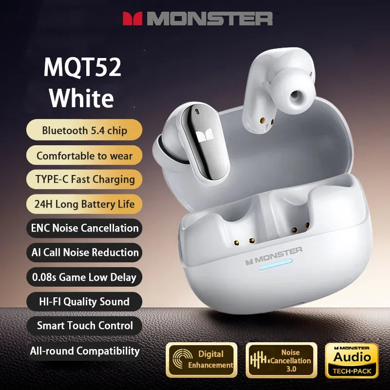 White monster mqt52 wireless earbuds with matte finish in matching case headset hifi stereo music gaming earbuds