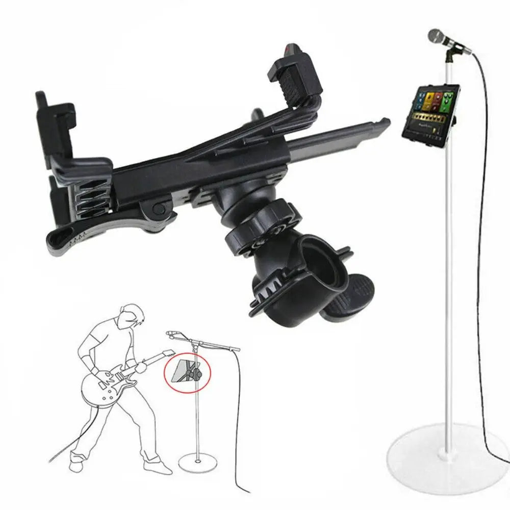 Black adjustable music microphone stand holder mount with clamp and swivel joint for 7-11 inch tablet use
