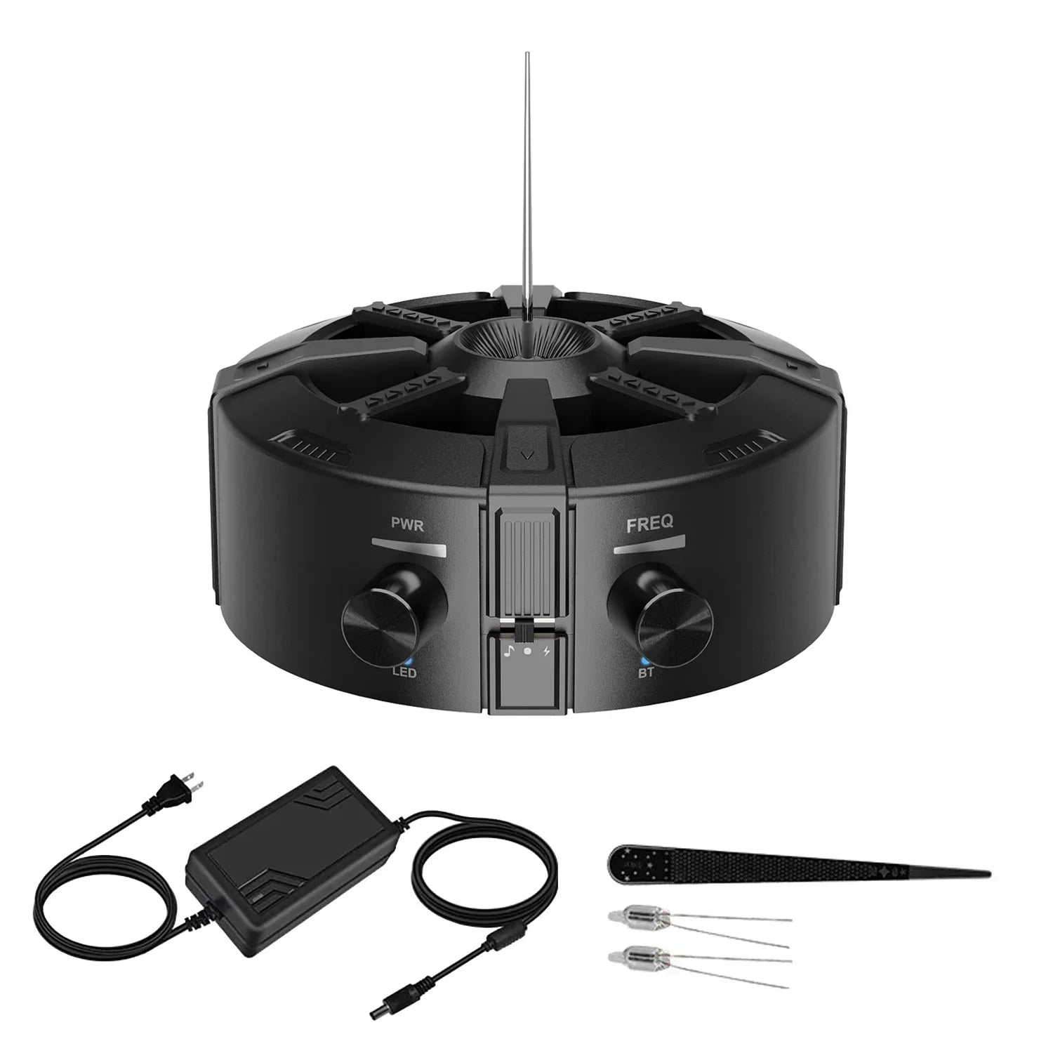 Black circular ultrasonic pet cleaner with adjustable power and frequency knobs and charging adapter for tesla coil bluetooth aux dual mode artificial lightning device