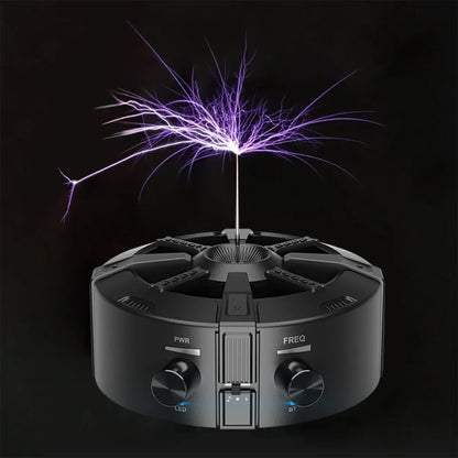 Black tesla coil bluetooth device emitting artificial lightning with aux dual mode for music and science experiments