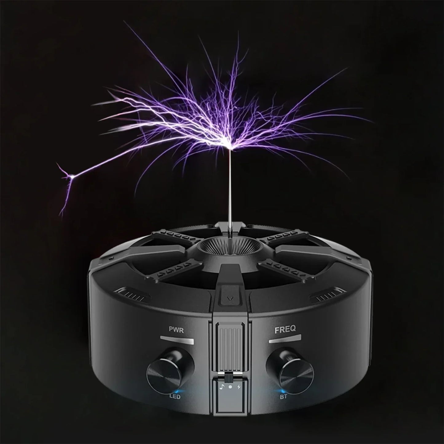 Black tesla coil bluetooth device emitting artificial lightning with aux dual mode music box for science experiments