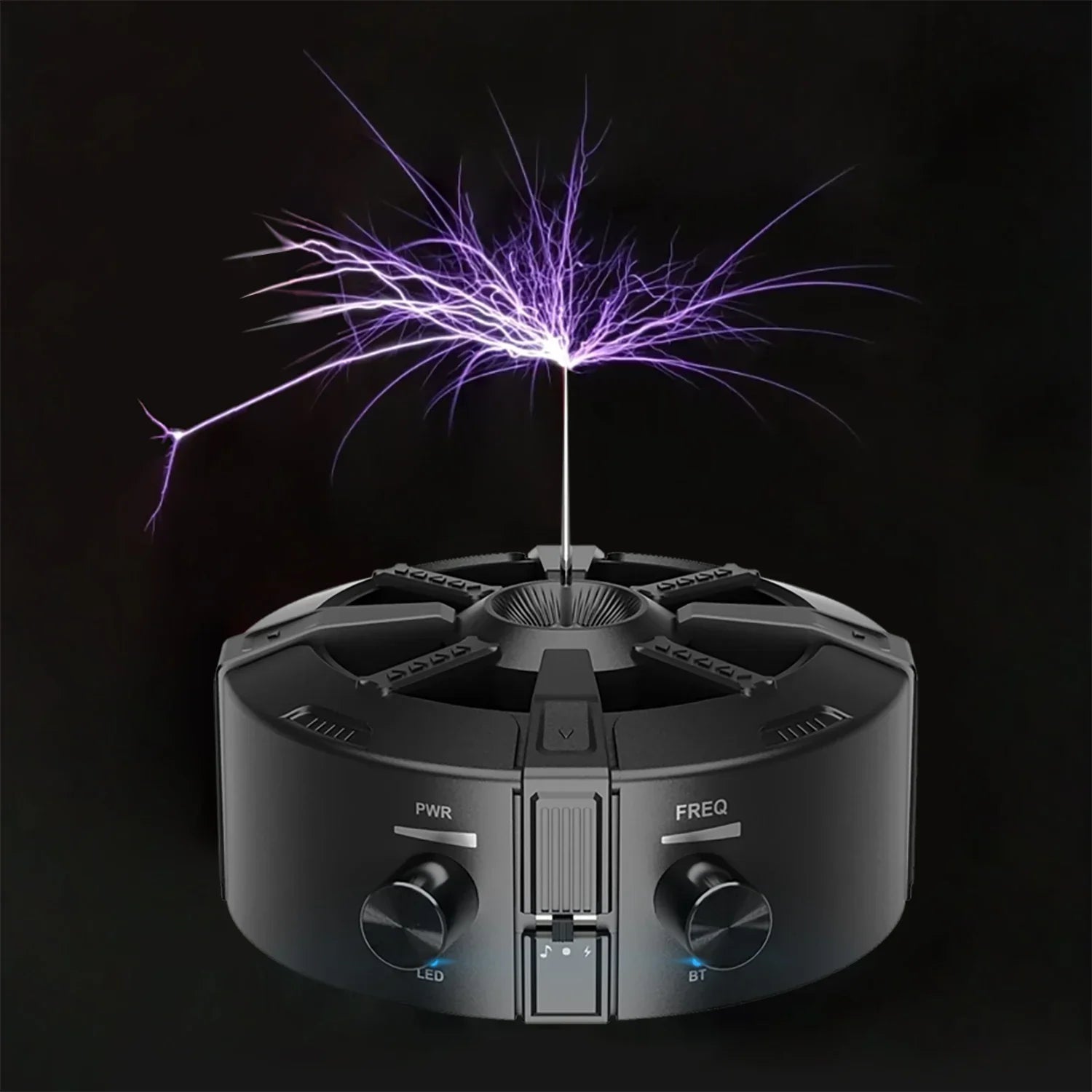 Black tesla coil bluetooth device emitting artificial lightning with aux dual mode music box for science experiments