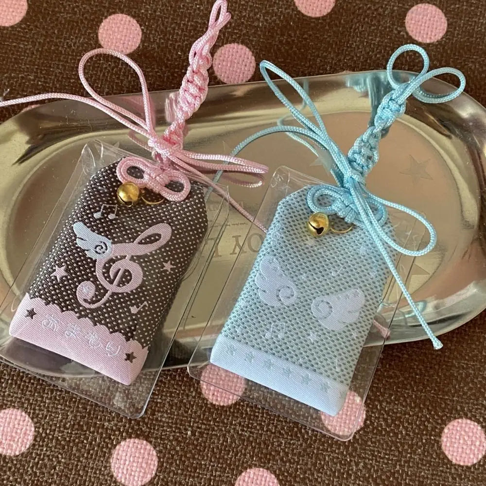 Pink and blue mesh charm bags with embroidered musical notes wings and gold bells diy embroidery blessings gift keyring key