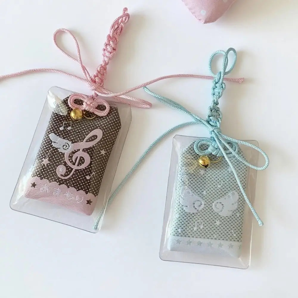 Pink and light blue woven corded musical notes wings keychains with diy embroidery blessings fabric in clear covers gift keyring