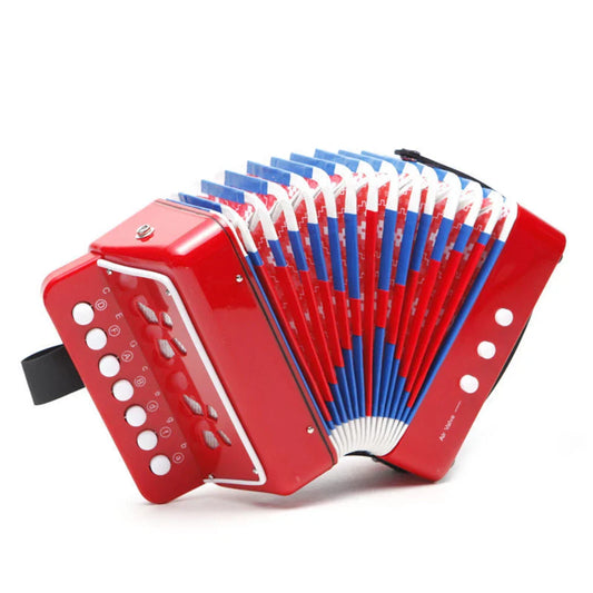 Red kids accordion mini with blue and white striped bellows designed as a creative instrument gift with 7 keys and 2 bass