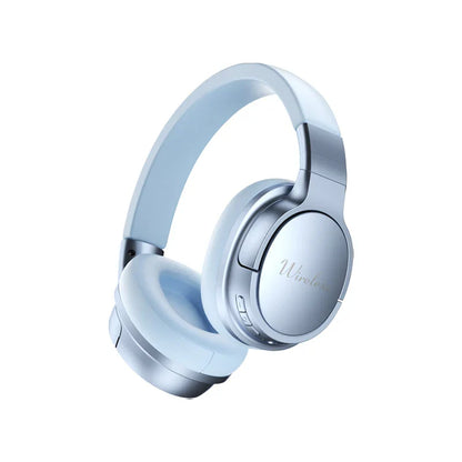 Silver wireless over-ear headphones with metallic finish and light blue padded ear cups for gaming headset surround sound