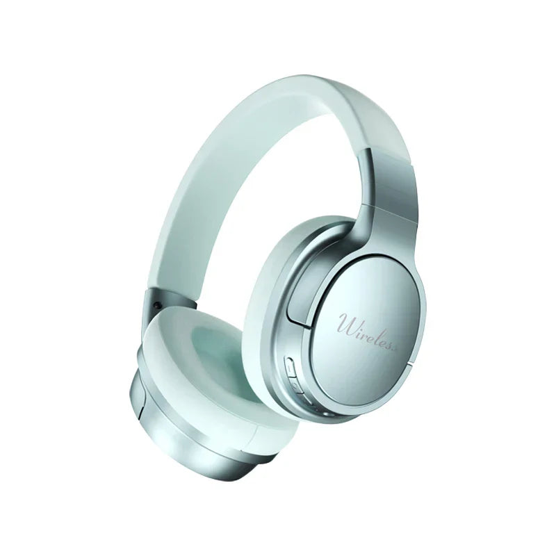 Silver wireless over-ear gaming headset surround sound headphone with sleek metallic finish and soft white cushions