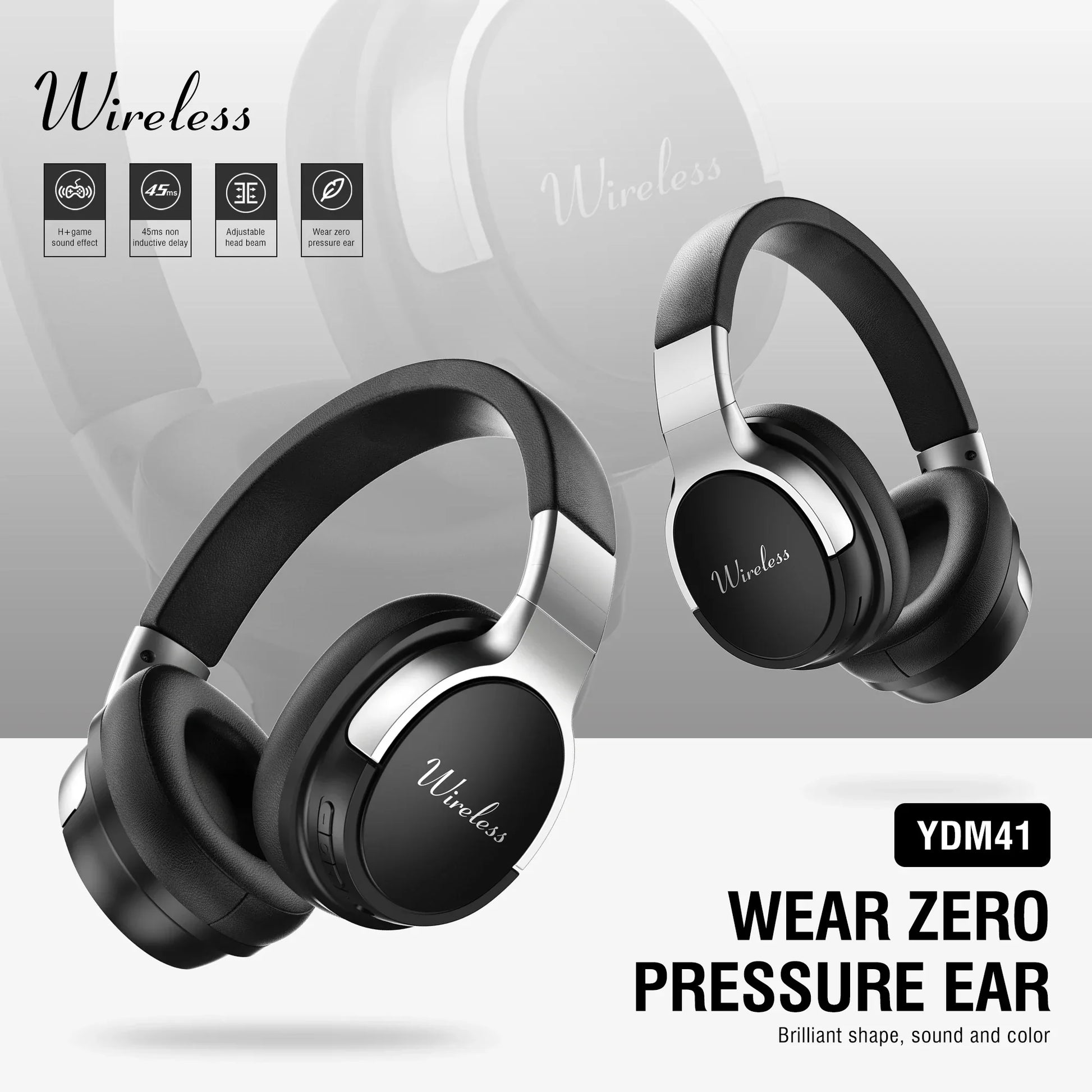 Black and silver wireless earphones gaming headset surround sound headphone with adjustable headband for zero pressure comfort