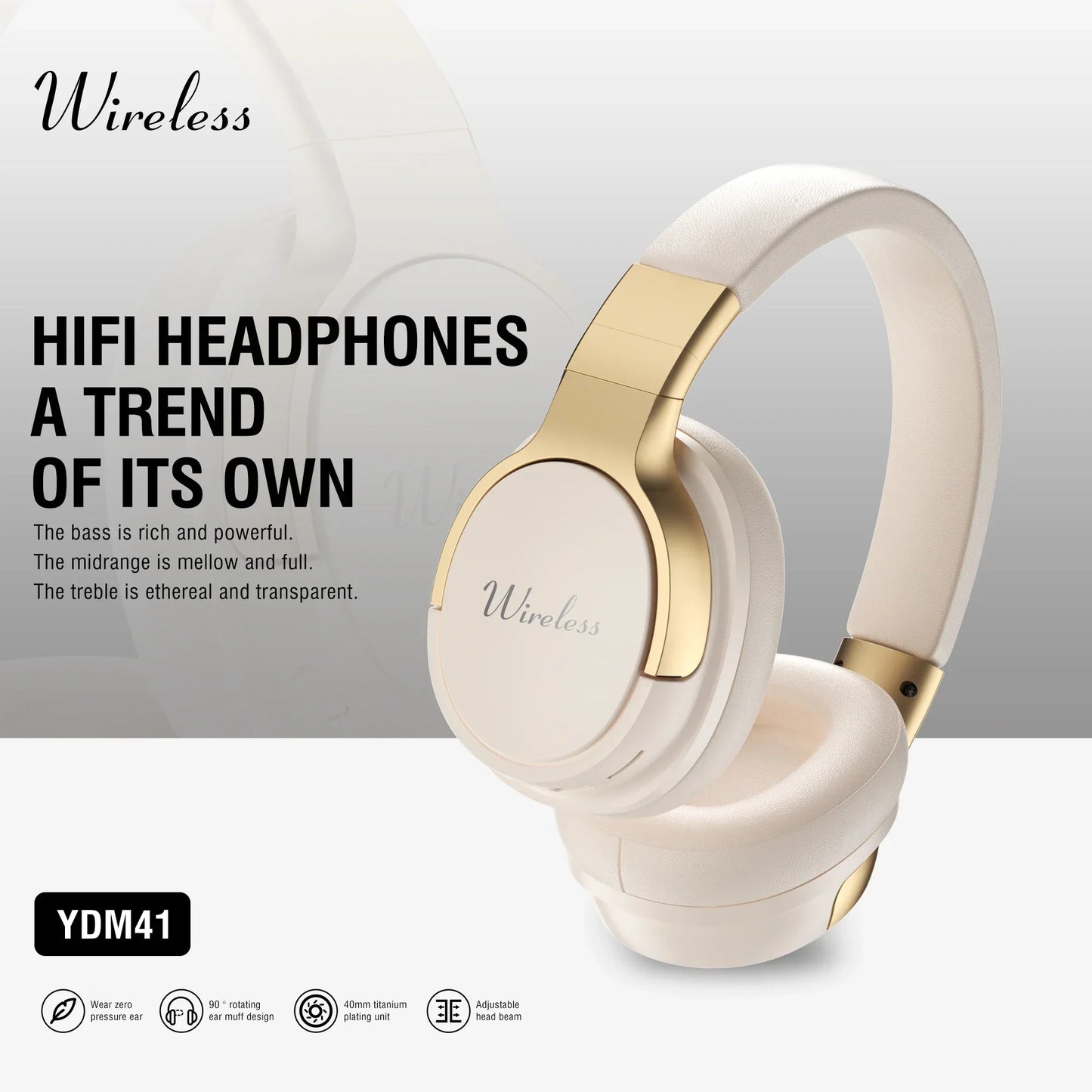 White and gold wireless earphones gaming headset with sleek over-ear design and surround sound headphone features
