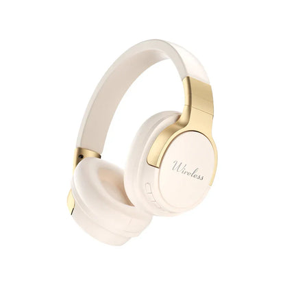 Cream-colored over-ear wireless earphones gaming headset surround with gold-tone accents for phones pc laptop games and music