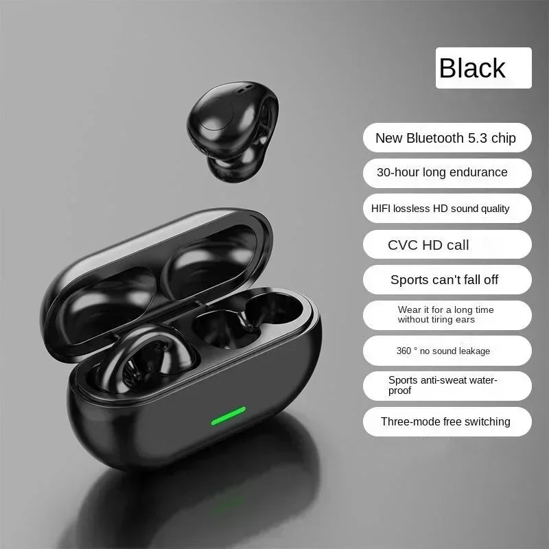 Black bone conduction headphones sports earphones with glossy finish and quality waterproof tws charging case green led