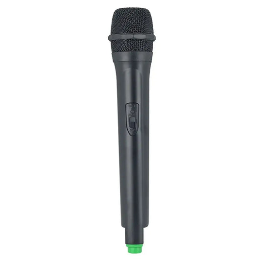 Black wireless party practice microphone with mesh grille green base cap and power switch for simulate speech stage use