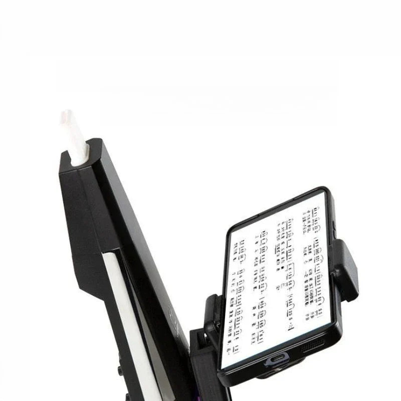 Black music phone stand with white stylus holding iphone displaying sheet music for outdoor performances trumpet clarinet