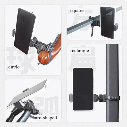 Adjustable black metal music phone stand with wooden grip and spring clamps for outdoor performances trumpet clarinet