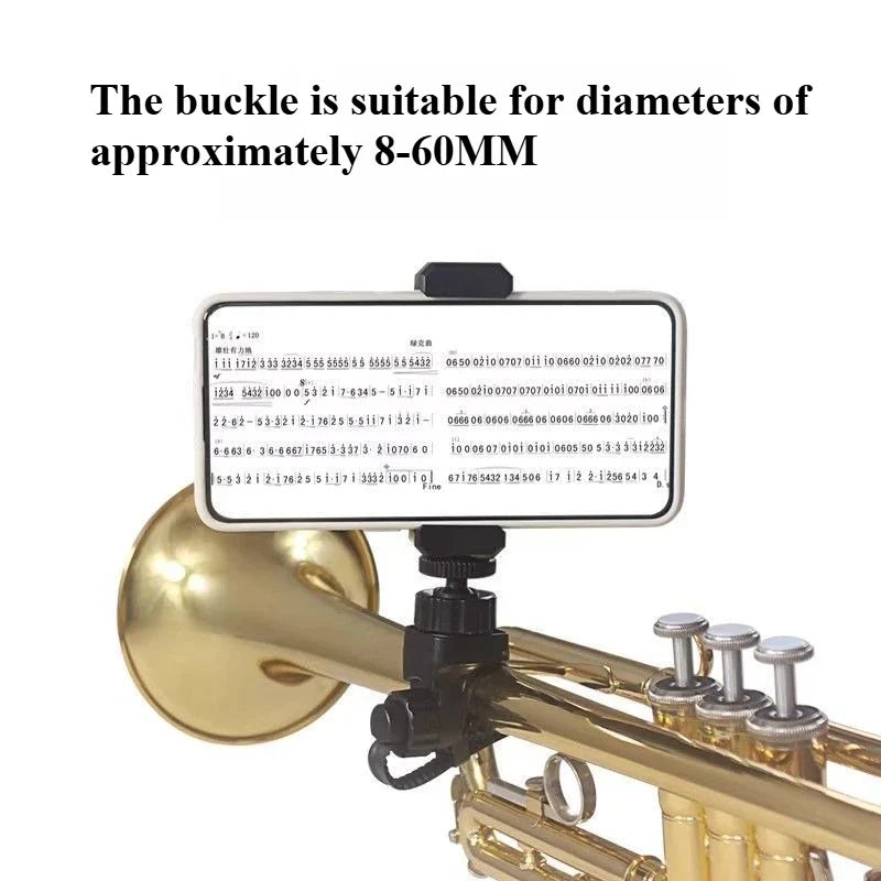 A sleek black music phone stand with rotating clamp for secure use during outdoor performances trumpet clarinet and wind instruments