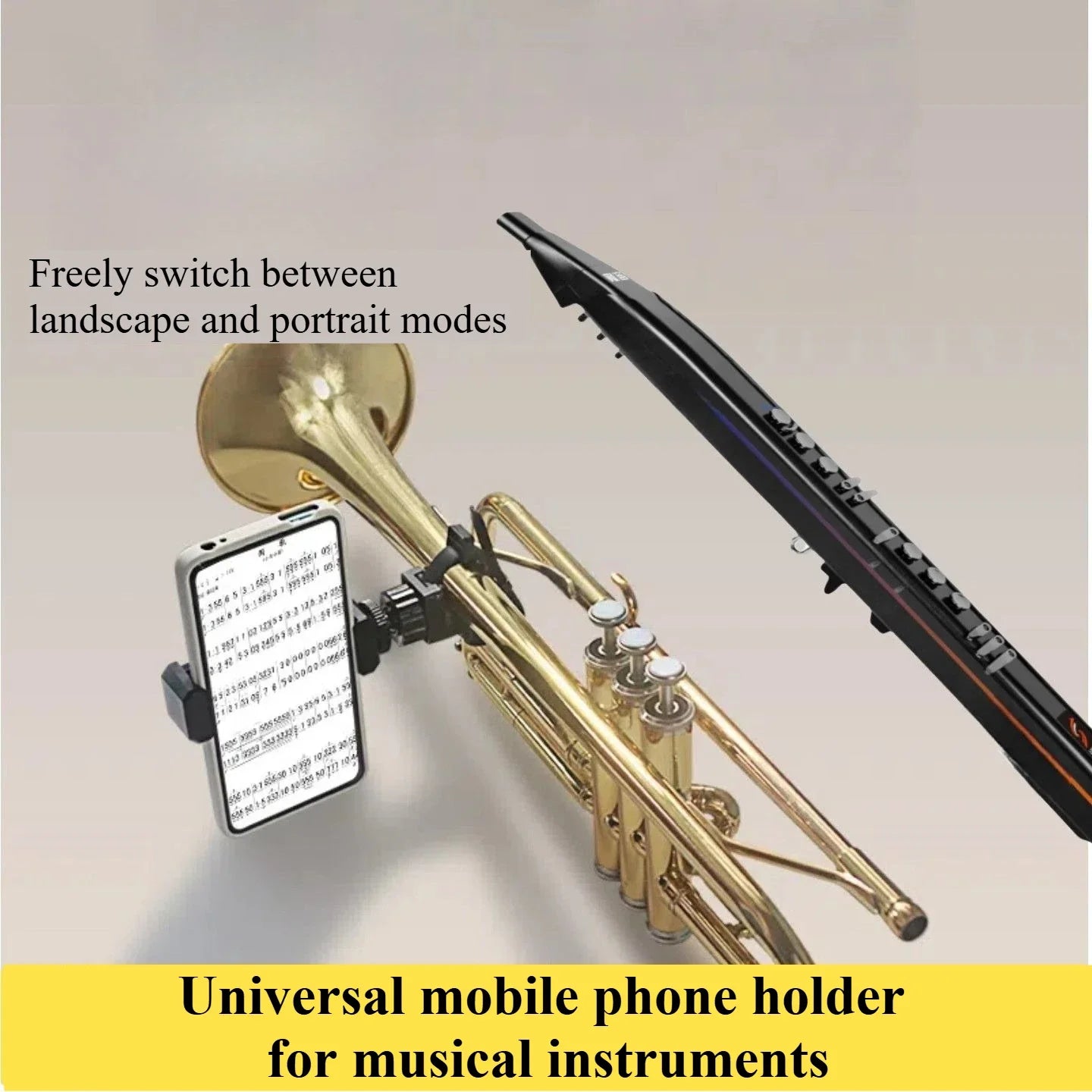 Black and gold universal music phone stand designed for outdoor performances trumpet clarinet and wind instruments