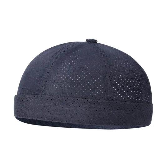Dark navy perforated mesh leather landlord hat with structured rounded crown and folded brim for streetwear use