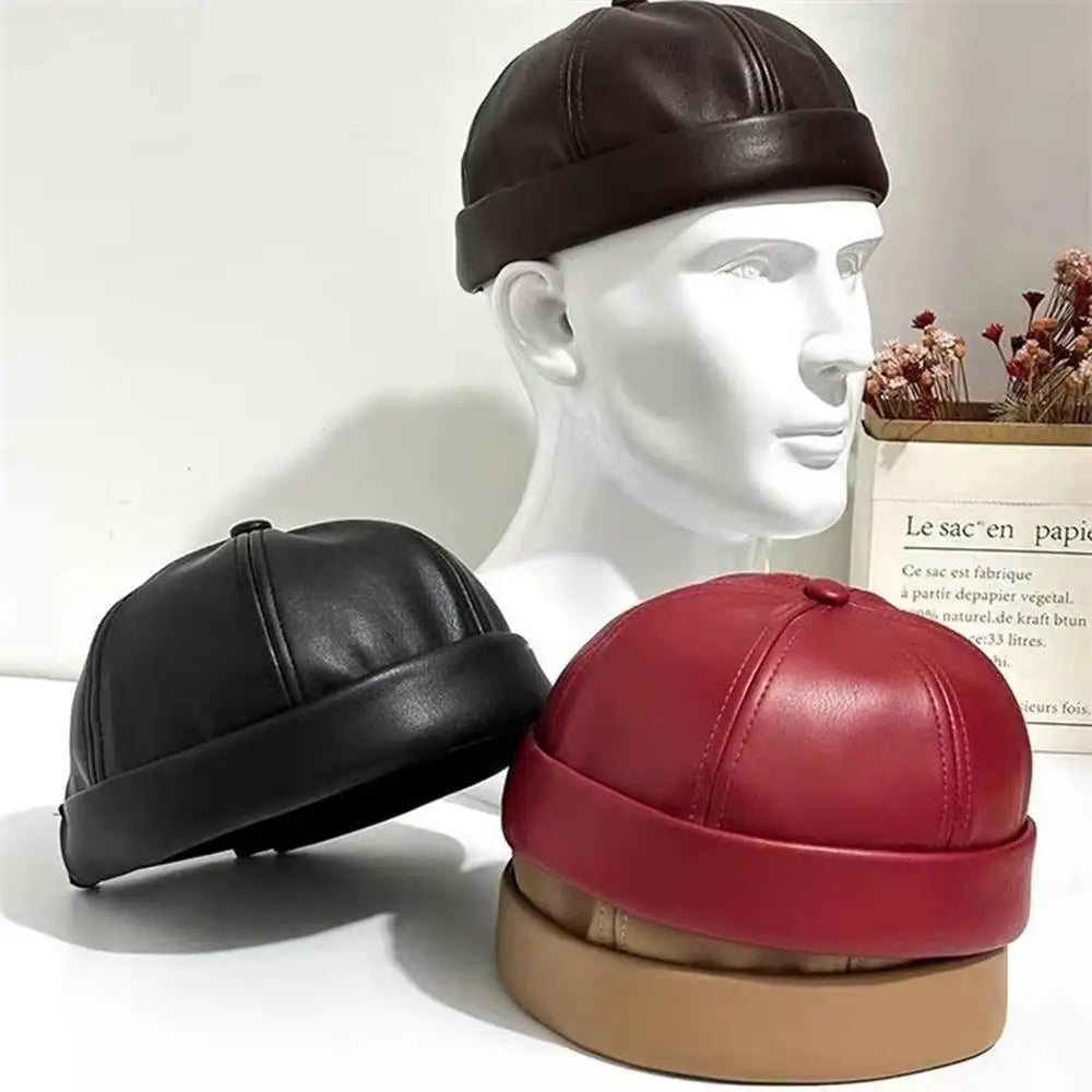 Dark brown leather landlord hat with folded brim and stitched panels unisex skin hat retro streetwear style