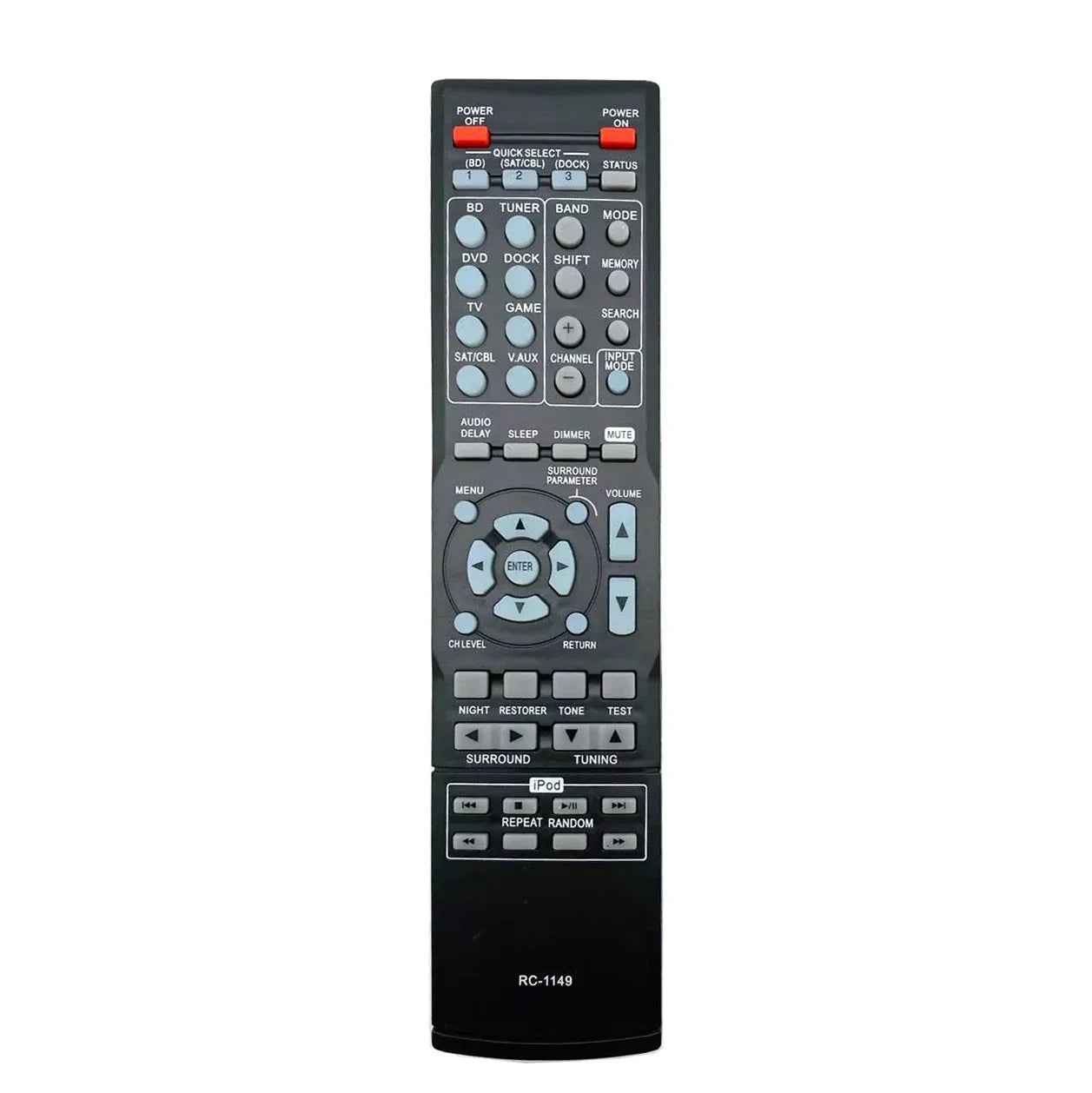 Black plastic denon rc-1149 rc-1158 remote control with light gray buttons and red power switches for avr-1311 avr-1312 dht-1312b