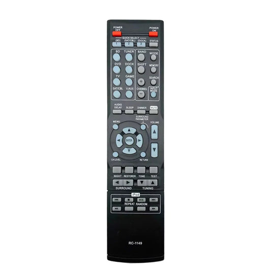 Black plastic denon rc-1149 rc-1158 remote control with light gray buttons and red power switches for avr-1311 avr-1312 dht-1312b