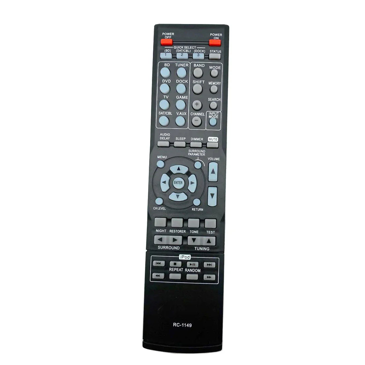 Black plastic rc-1149 rc-1158 remote control with silver buttons red power switches and ipod section for denon avr-390 xv-5809 avr-1311 avr-1312 dht-1312b receivers