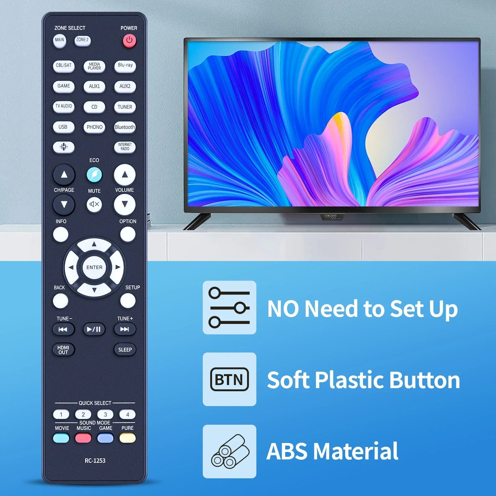 Black ABS plastic new RC-1253 remote control electric with soft-touch buttons for Denon surround receiver customer service
