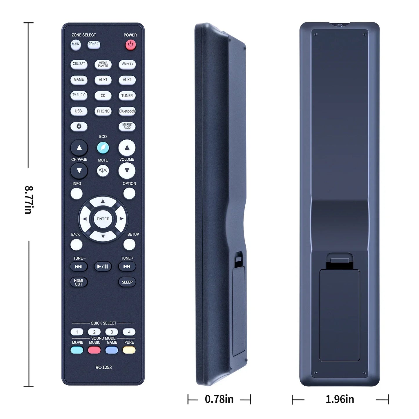 Black plastic remote control electric with matte finish and multiple buttons for denon surround receiver customer service