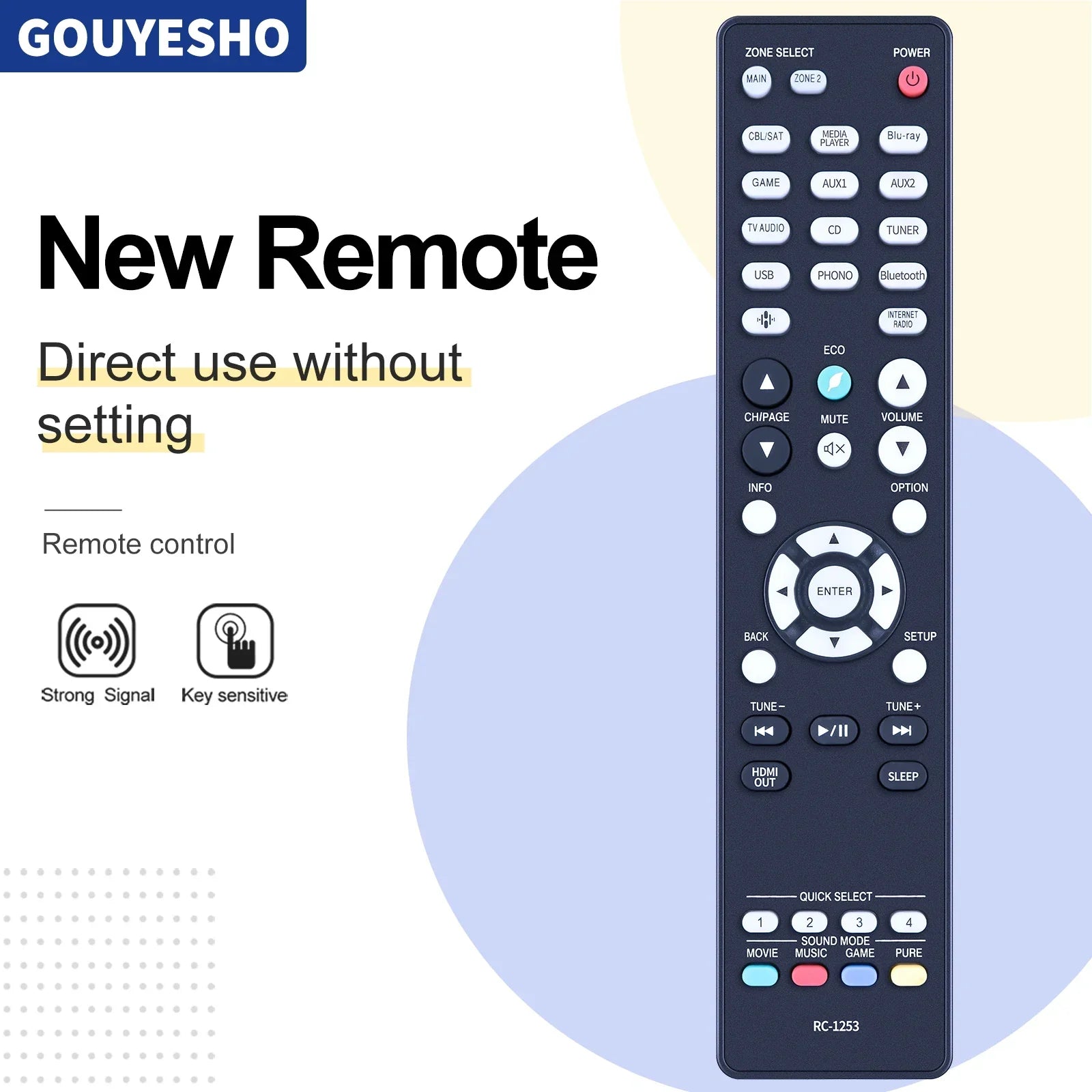 Black plastic remote control electric model rc-1253 with white and colored buttons for denon surround receiver customer service