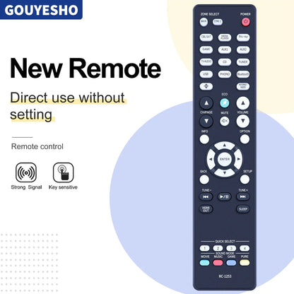 Black plastic remote control electric model rc-1253 with white and colored buttons for denon surround receiver customer service