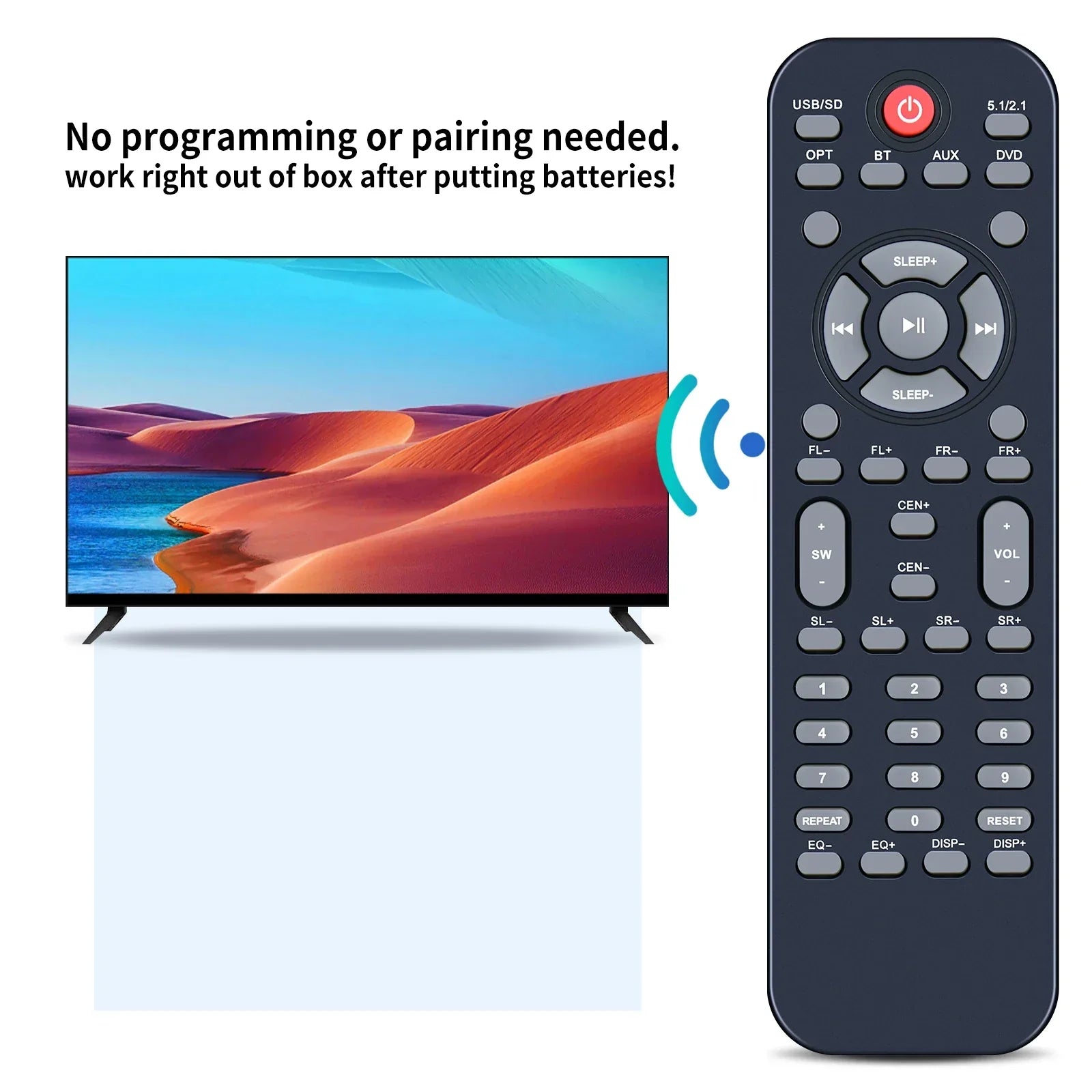 Black remote control electric with gray and red buttons for acoustic audio 5.1 bluetooth home theater system controls