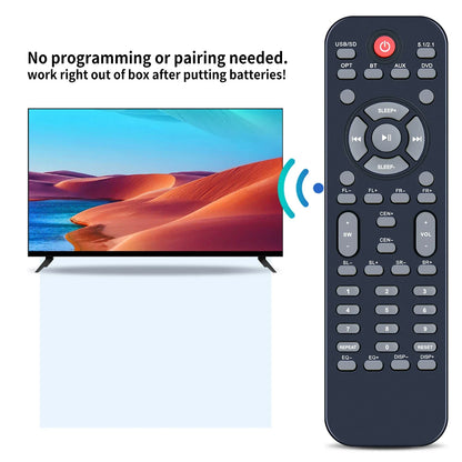 Black remote control electric with gray and red buttons for acoustic audio 5.1 bluetooth home theater system controls
