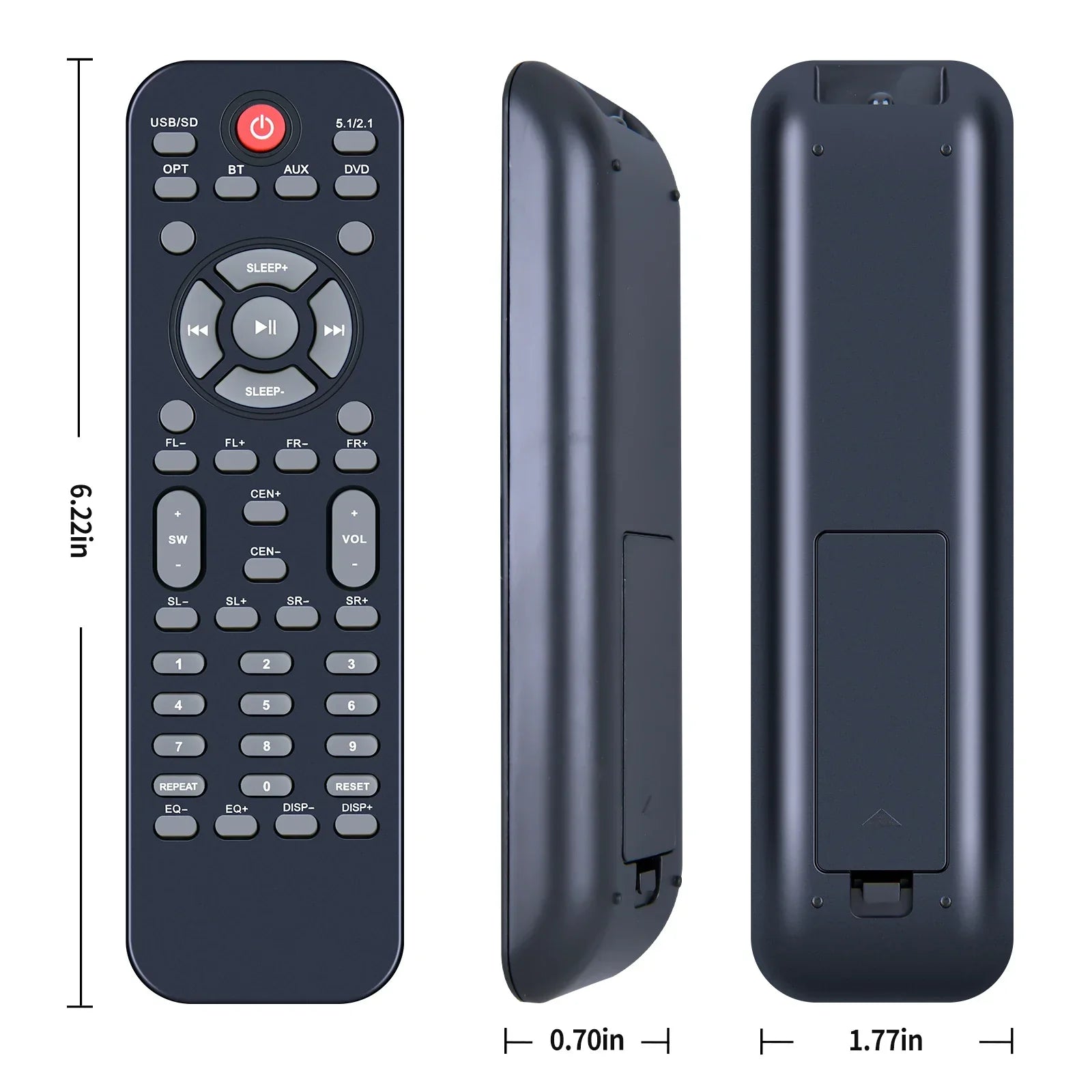 Black plastic remote control electric with red power button for acoustic audio home theater 5.1 bluetooth system