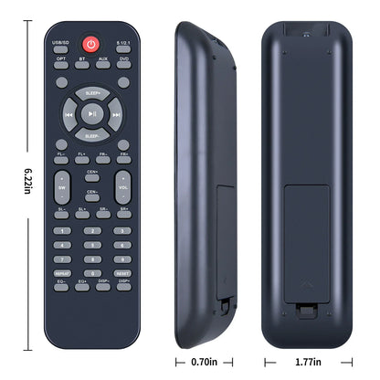 Black plastic remote control electric with red power button for acoustic audio home theater 5.1 bluetooth system