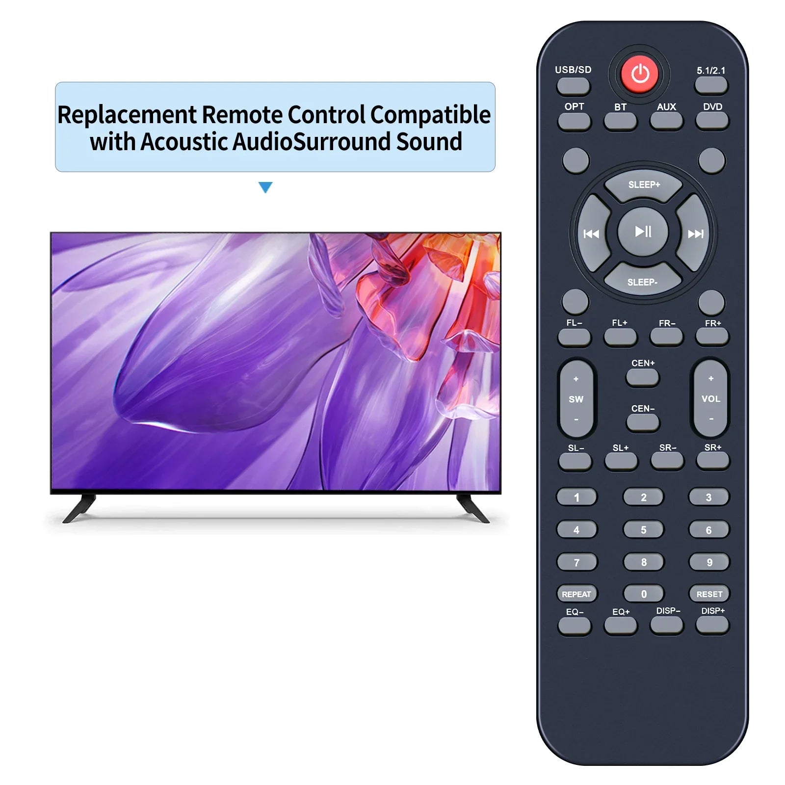 Black remote control electric with red power button and function keys for acoustic audio home theater system