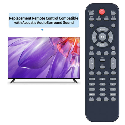 Black remote control electric with red power button and function keys for acoustic audio home theater system