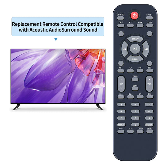 Black remote control electric with red power button and function keys for acoustic audio home theater system