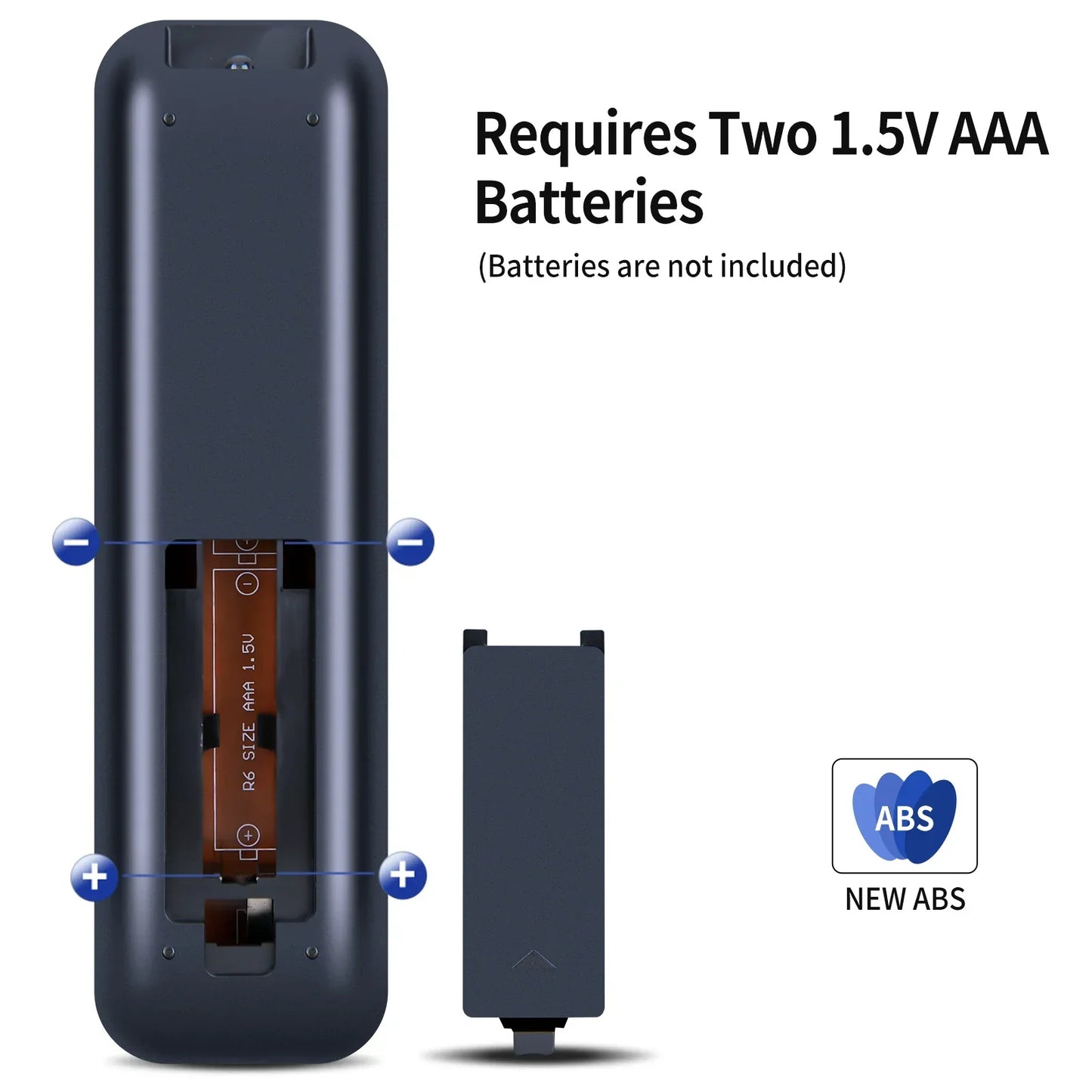 Dark gray abs plastic remote control electric for acoustic audio home theater with visible aaa battery compartment back side